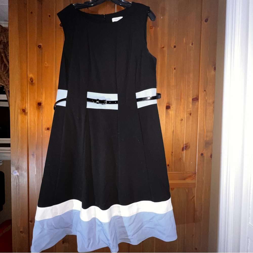 CALVIN KLEIN Colorblock Belted Sleeveless Dress 16W